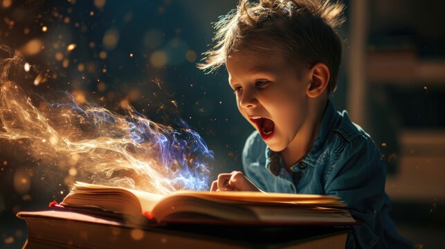 The young human that can be called child that staring and looking to the magical book that turing the pages by itself with magical power and colourful bright effect that reflected child face. AIGX03.
