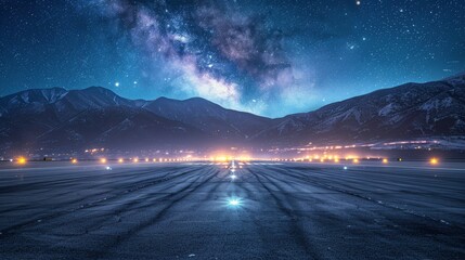 Busy Airport Runway Illuminated With Lights