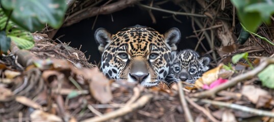 Male jaguar and cub portrait with plenty of room for text, object positioned on the right side