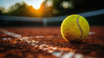 A tennis ball rests on the green surface of a tennis court