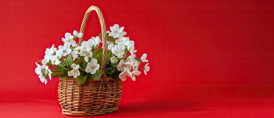 White flowers in wooden basket on red spring background. AI generated illustration