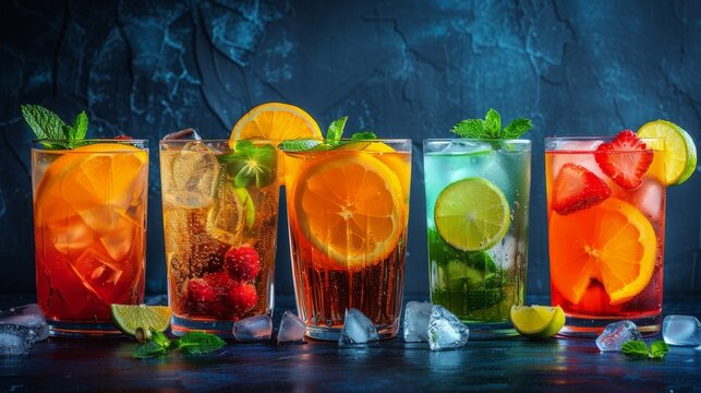 Variety of Drinks in Row of Glasses