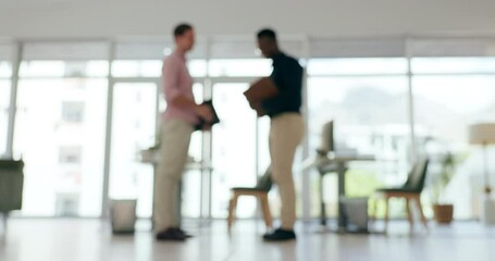 Business people, meeting and handshake in office for welcome, introduction and success of job opportunity. Professional advisor or clients shaking hands for agreement and hello in blurred background