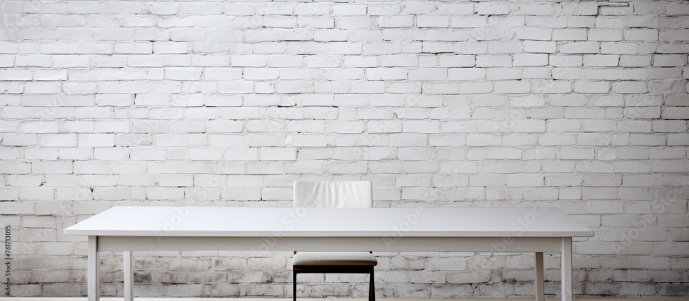 Poster handwriting on rectangular paper products is displayed on the white table and chair placed parallel 