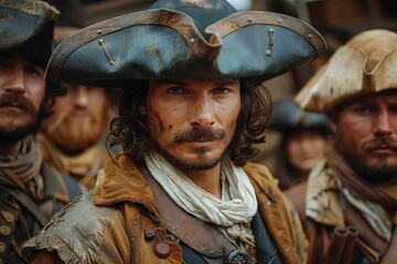 An immersive close-up of a male actor in pirate garb exuding a commanding presence and intensity - obrazy, fototapety, plakaty