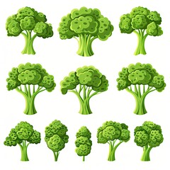 Icons of fresh, green broccoli in different angles and cuts isolated on white background.