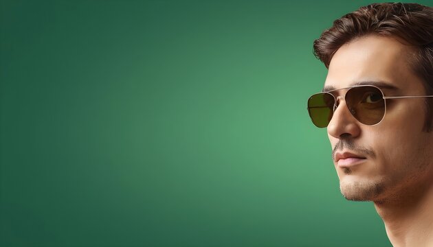 A man wearing sunglasses with a green background