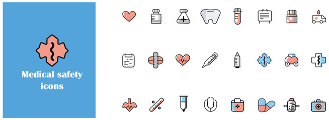  Medical safety flat vector icon set