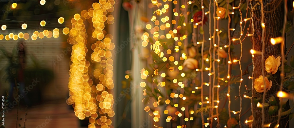 Poster a beautiful array of christmas lights in gold, amber, and glass are hanging on a wall, creating a fe