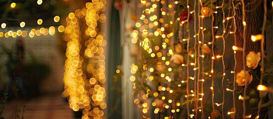 Obraz premium A beautiful array of Christmas lights in gold, amber, and glass are hanging on a wall, creating a festive and elegant display. The pattern of lights adds a touch of charm to the event decor