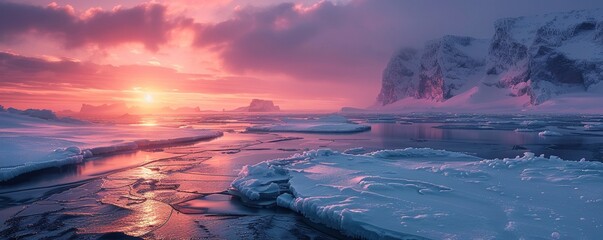 Icy landscape near Base Brown landing site at dawn - obrazy, fototapety, plakaty