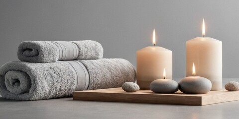 Obraz na płótnie Canvas Spa and wellness setting with candles, towels and sea stones on grey background.