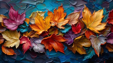 A celebration of autumn's palette, where the canvas becomes a riot of falling leaves in oil paint. 