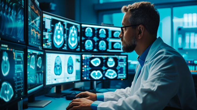 A doctor in a white coat examines MRI images on a computer monitor.