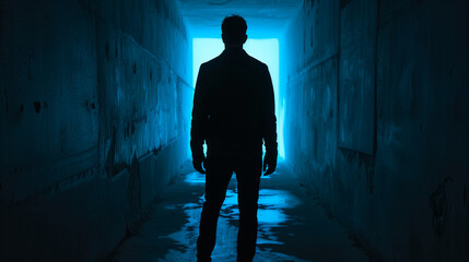 Silhouetted Man Walking Towards Light in a Dark Corridor