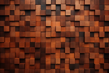 Abstract block stack wooden 3d cubes on the wall for background banner panorama. Brown wood texture for backdrop or wallpaper