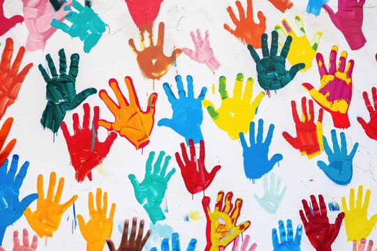 Colorful Array of Children's Handprints on White Canvas - Wide-Angle View of Vibrant Hand Paint Splashes