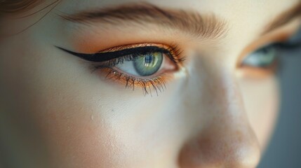 Female eyes with extremely long eyelashes and black liner makeup, Perfect shape make-up and long eyelash extensions, Cosmetics make-up of fashion eyes visage