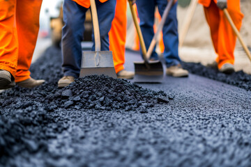 Road construction workers' teamwork, tarmac laying works at a road construction site, hot asphalt gravel leveled by workers, and road surface repair - obrazy, fototapety, plakaty