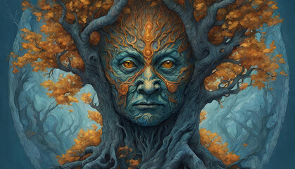 Portrait of queen of dreams bioluminescent extremely beautiful, A man with a tree on her face