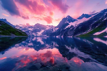 Photo sur Plexiglas Réflexion A majestic mountain landscape at sunset, snow-capped peaks, a crystal-clear lake reflecting the vibrant sky, serene nature. Resplendent.