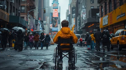 Deurstickers Close up photo of confused cerebral palsy boy sitting in the wheelchair at crowded city street. View from behind. Image related to vulnerability of disabled people which needs a help.  © vellot