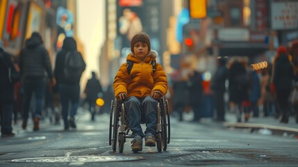 Close up photo of confused cerebral palsy boy sitting in the wheelchair at crowded city street. View from behind. Image related to vulnerability of disabled people which needs a help.
 - obrazy, fototapety, plakaty