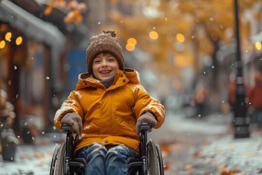 Happy disabled boy sits in wheelchair outdoors in the street. Close up photo of the young man affected by cerebral palsy. Rehabilitation picture.
