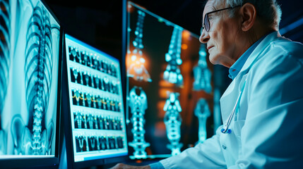 A doctor in a white coat examines MRI images on a computer monitor.