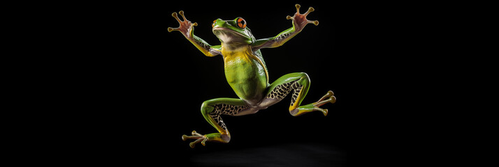 An Amazonian tree frog leaps high into the air, captured in vibrant action against a striking black background, showcasing its agile motion