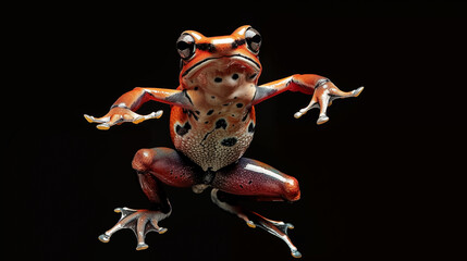 An Amazonian tree frog leaps high into the air, captured in vibrant action against a striking black background, showcasing its agile motion