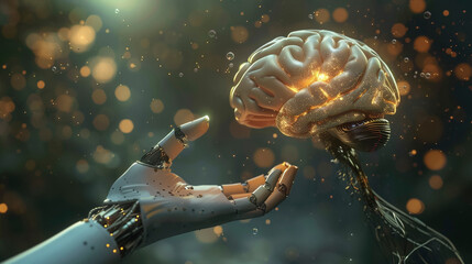 Futuristic AI Robot Hand Holding Brain, Technology Concept
