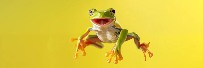  An Amazonian tree frog leaps high into the air, captured in vibrant action against a yellow background, showcasing its agile motion © Stacy