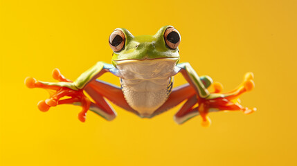 An Amazonian tree frog leaps high into the air, captured in vibrant action against a yellow background, showcasing its agile motion