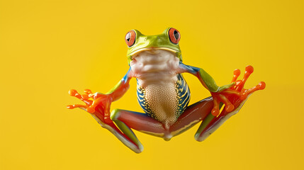 An Amazonian tree frog leaps high into the air, captured in vibrant action against a yellow background, showcasing its agile motion