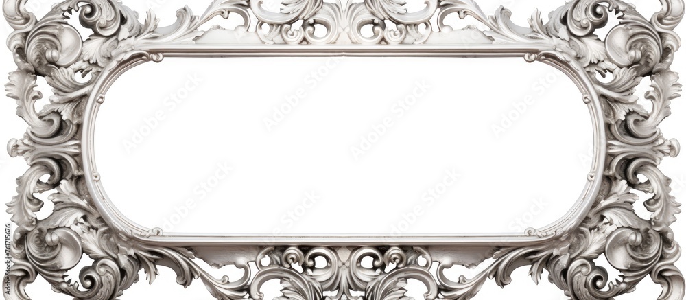 Poster a monochrome photograph of a silver picture frame showcasing a fancy design, set against a white bac