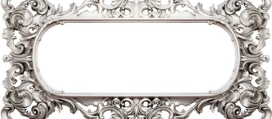 A monochrome photograph of a silver picture frame showcasing a fancy design, set against a white background. The intricate pattern adds a touch of art to the classical architecture facade