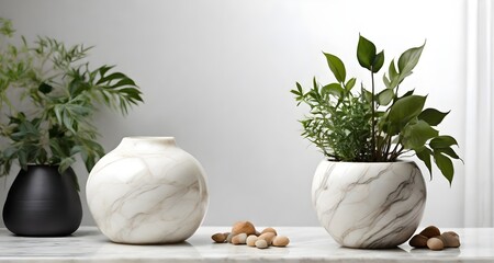 Vase and plants isolated on white marble table and white marble backgrounds with copy space, apartment or kitchen interior design.