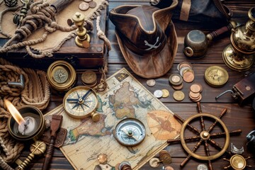 Fototapeta na wymiar marine set for adveturers, old map, compass, wood, brass equipment, telescope