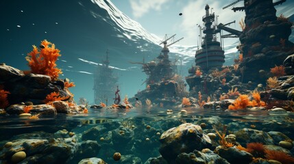 Underwater Scene With Corals and Ships - obrazy, fototapety, plakaty