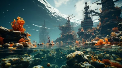 Foto op Aluminium Schipbreuk Underwater Scene With Corals and Ships