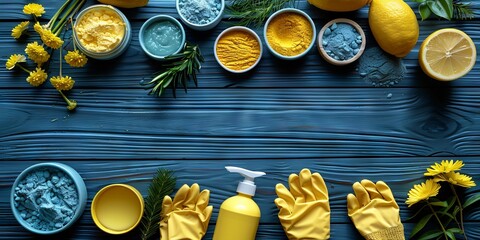 Cleaning supplies including sprays and brushes and sponges. Copy space banner Concept: home cleaning and household chemicals - obrazy, fototapety, plakaty