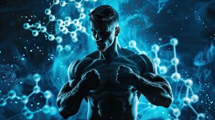 Unleash your strength with our closeup featuring a muscular man and the structural formula of testosterone on a striking black background - obrazy, fototapety, plakaty