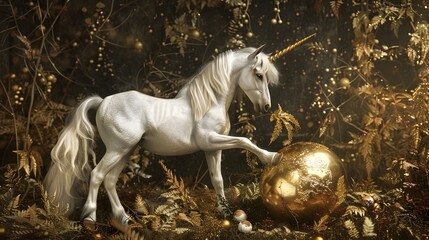 Birth of an unicorn, with unicorn emerging from golden egg