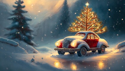 christmas car on snow