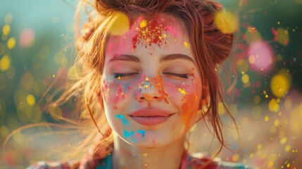 Woman Smiling Covered in Colored Powder - obrazy, fototapety, plakaty