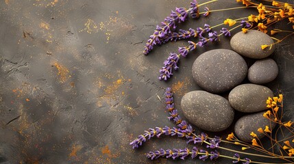 Massage stones with lavender sprigs. Banner with copy space. Concept: skin care, relaxation and...