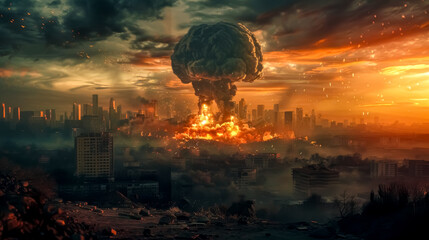 Apocalyptic cityscape with mushroom cloud
