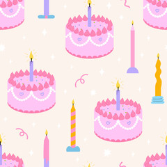Seamless pattern with pink cakes and candles. Vector flat background. Birthday holiday concept