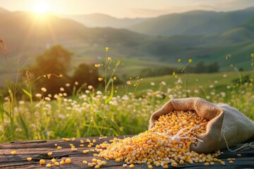fresh corn cobs and dry seeds in bag on wooden table with green maize field on the background. Agriculture and harvest concept. AI generated illustration